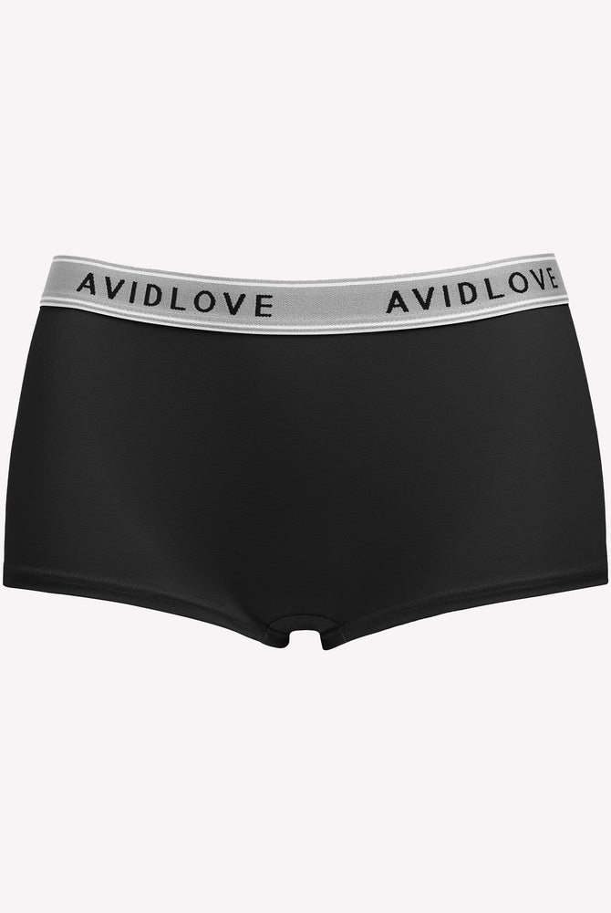 Avidlove black cotton full coverage shorts, low-rise design, Avidlove brand on waistband