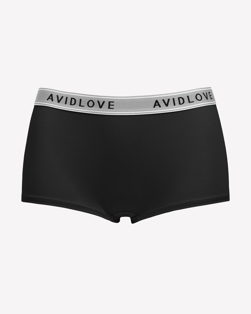 Avidlove black cotton full coverage shorts, low-rise design, Avidlove brand on waistband