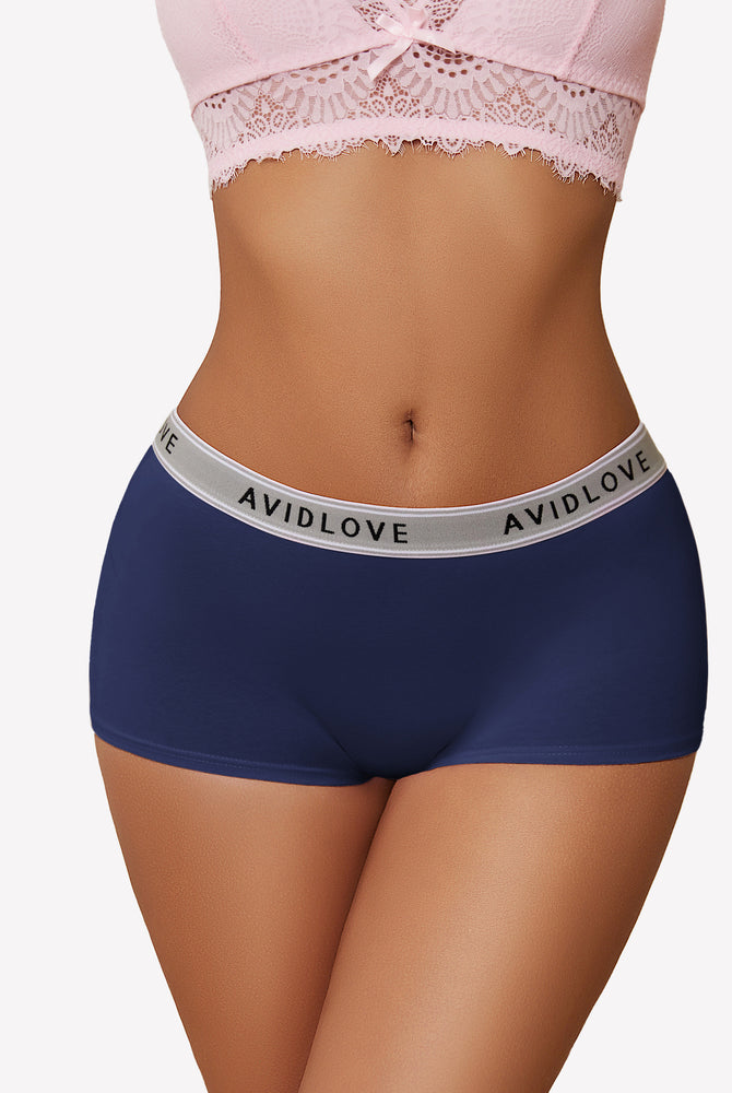 Avidlove navy blue cotton full coverage shorts, low-rise design, with Avidlove brand on waistband