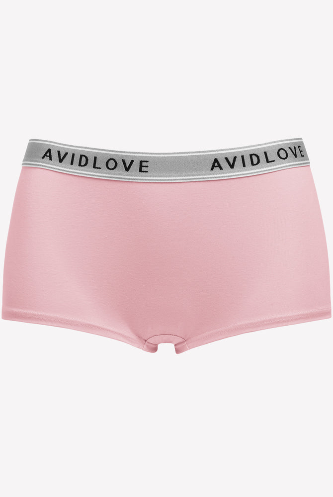 Avidlove pink cotton full coverage shorts, low-rise design, Avidlove brand on waistband