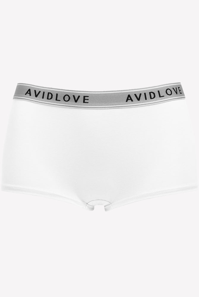 Avidlove white cotton full coverage shorts, low-rise design, Avidlove brand on waistband