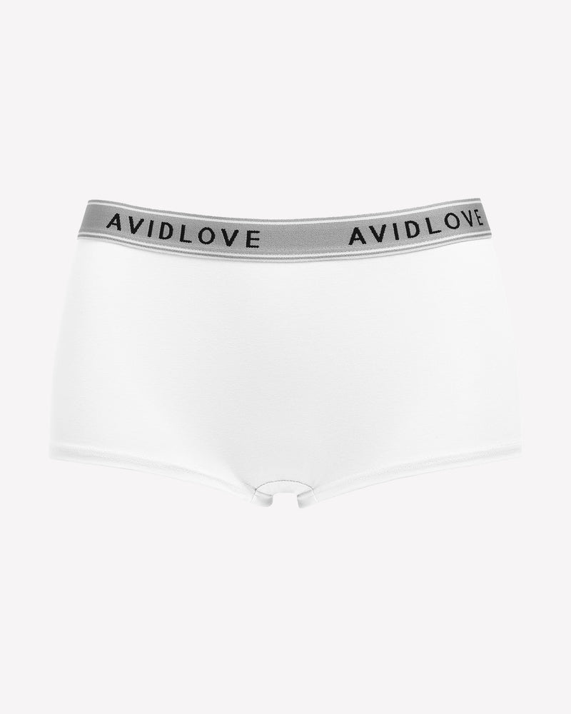 Avidlove white cotton full coverage shorts, low-rise design, Avidlove brand on waistband