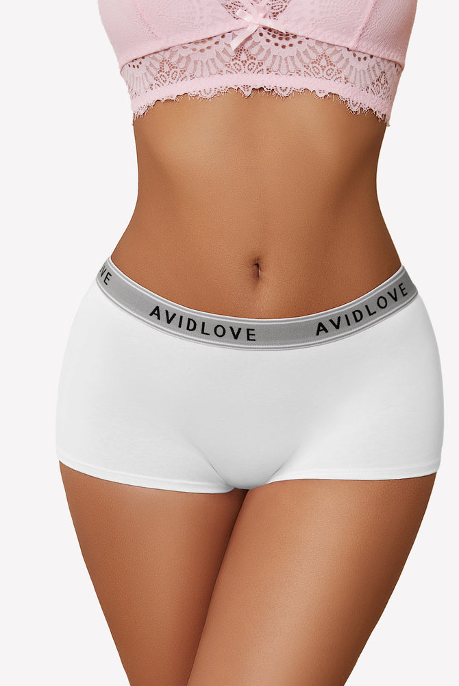 Avidlove white cotton full coverage shorts, low-rise design, with Avidlove brand on waistband