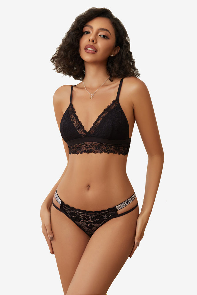 Black lace Avidlove lingerie set: bralette and low-rise hipster panties with rhinestone straps.