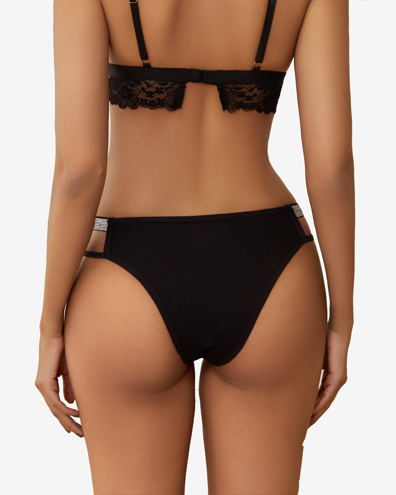 Black low-rise hipster panties with rhinestone straps, part of Avidlove lingerie set.