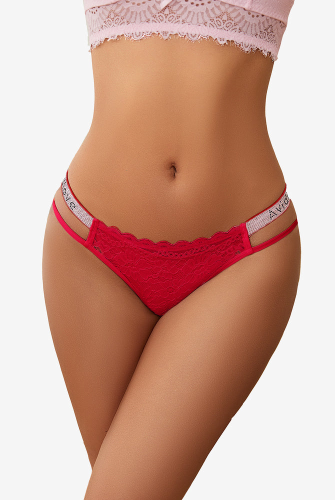 Avidlove red floral lace hipster panties with rhinestone straps, low-rise, cotton
