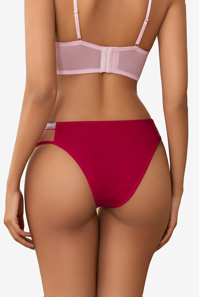 Red low-rise hipster panty with rhinestone straps and pink bra, shaping curves, cotton and spandex