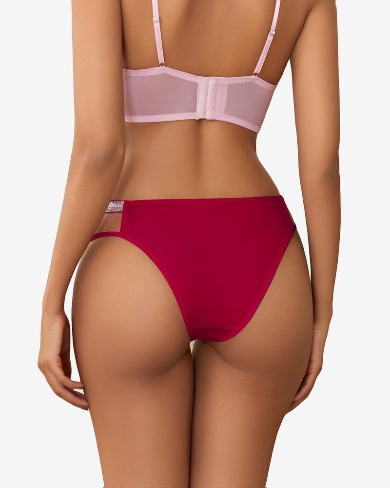 Red low-rise hipster panty with rhinestone straps and pink bra, shaping curves, cotton and spandex