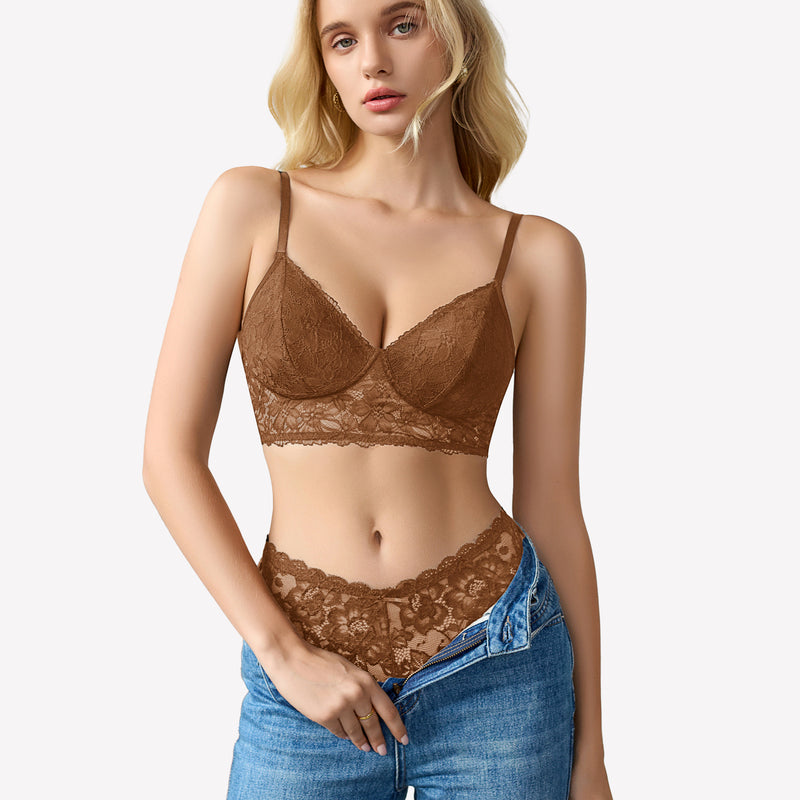 Brown lace bralette and underwear set with blue jeans. Comfortable and sexy lingerie for women.