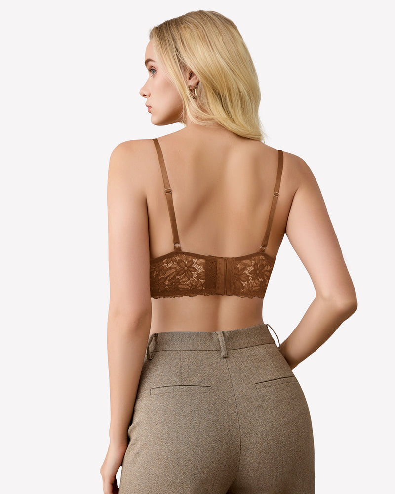 Brown lace bralette with adjustable straps. Comfortable and breathable wireless bra for women.