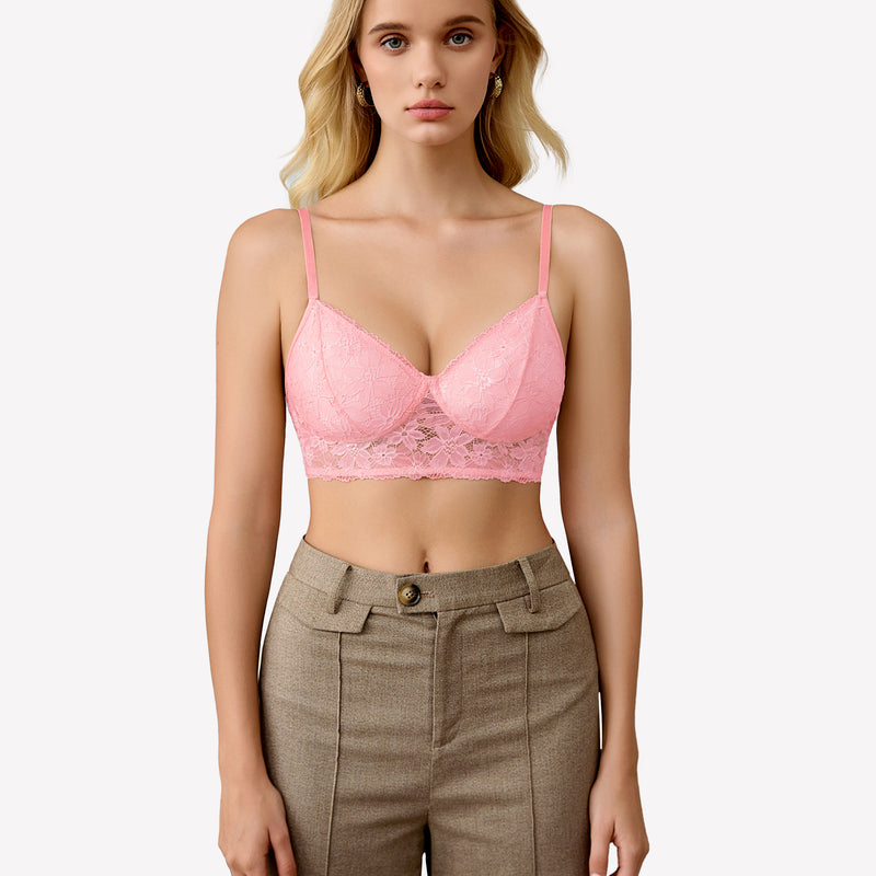 Pink lace bralette, comfortable and breathable wireless bra, perfect for everyday wear, Avidlove.