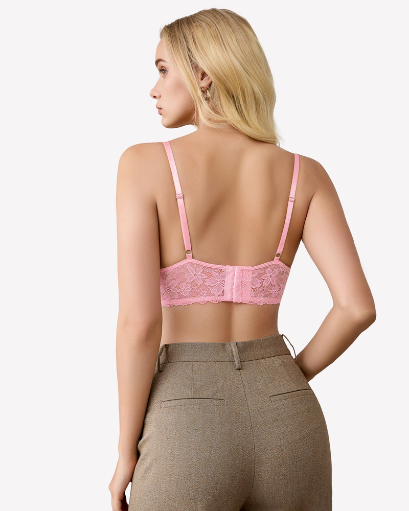 Pink lace bralette with floral lace details. Comfortable, breathable wireless bra for everyday wear.