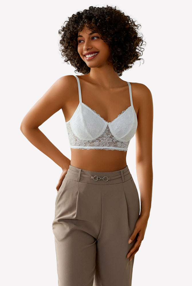 White lace bralette and brown trousers. Comfortable and breathable wireless bra for everyday wear.