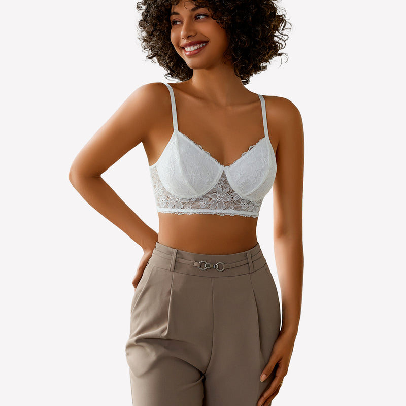 White lace bralette and brown trousers. Comfortable and breathable wireless bra for everyday wear.