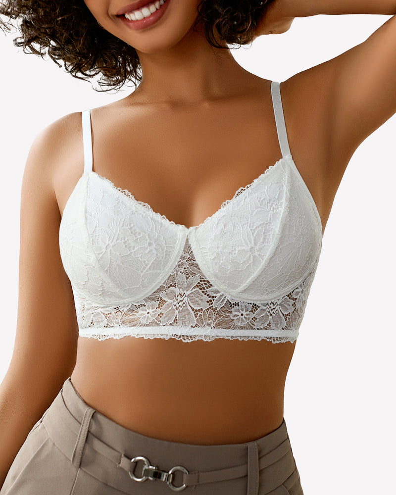 White lace bralette, comfortable and breathable wireless bra, perfect for everyday wear, Avidlove.