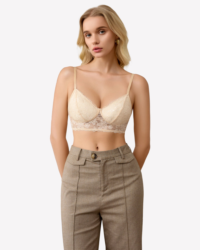 Beige lace bralette, comfortable wireless bra with lace details, perfect for everyday wear.