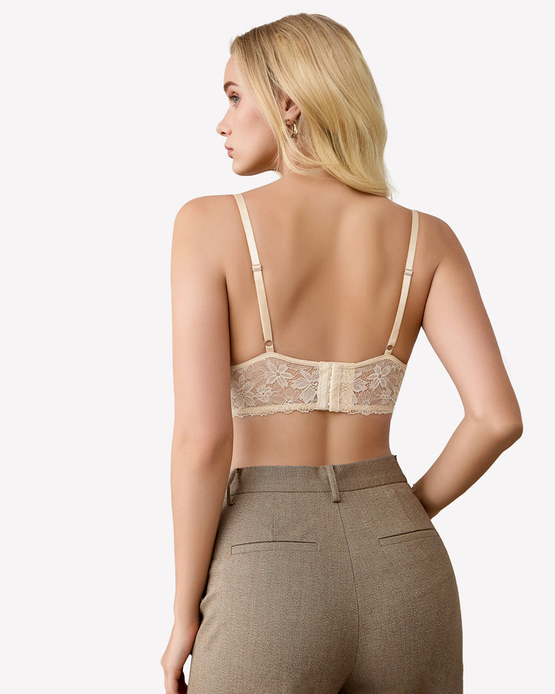 Beige lace bralette with adjustable straps, comfortable wireless bra, perfect for everyday wear.