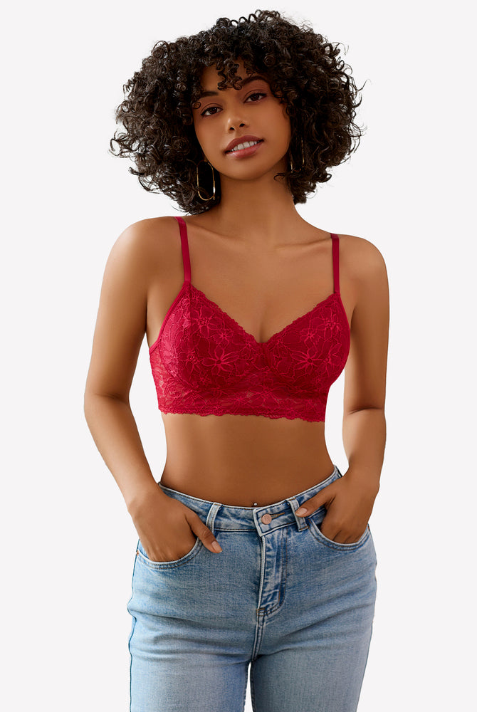 Red lace bralette with blue jeans. Comfortable wireless bra with floral lace details.