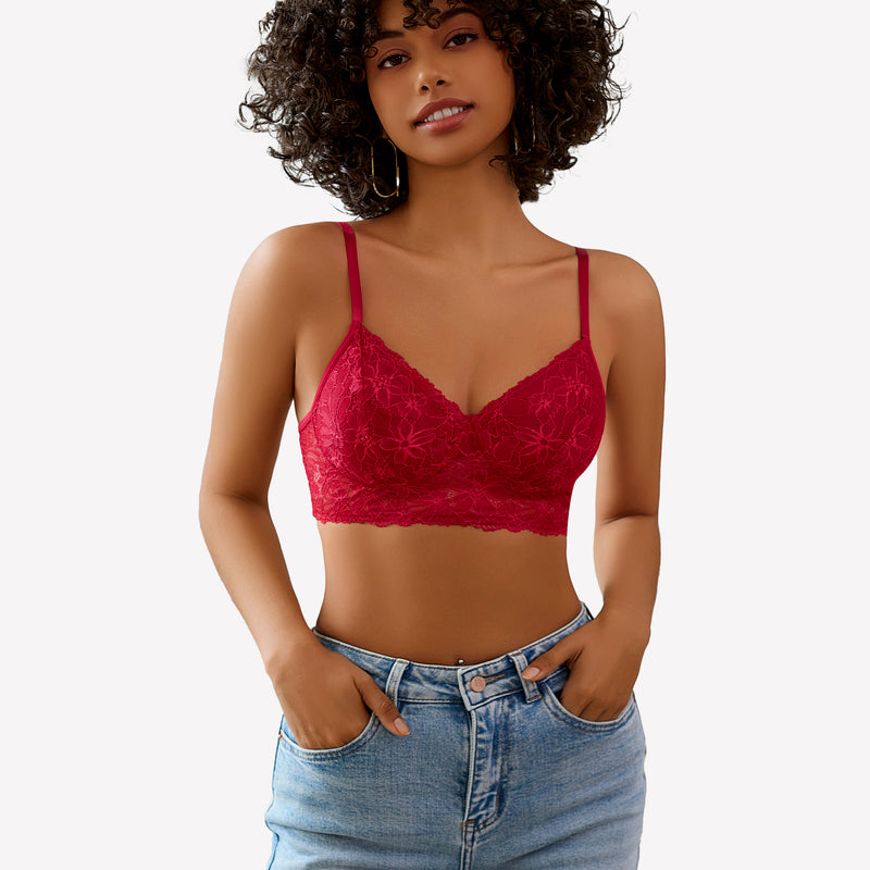 Red lace bralette with blue jeans. Comfortable wireless bra with floral lace details.