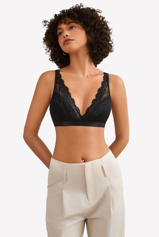 Black lace wireless bralette, sheer floral lace, adjustable straps, perfect for everyday wear.