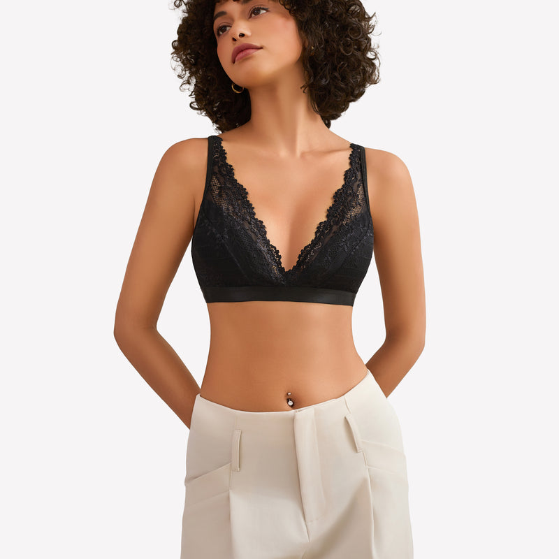 Black lace wireless bralette, sheer floral lace, adjustable straps, perfect for everyday wear.