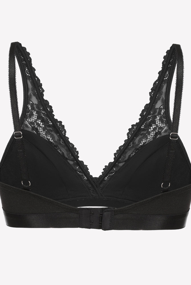 Black lace wireless bralette with adjustable straps and sheer floral lace, for comfort and style.