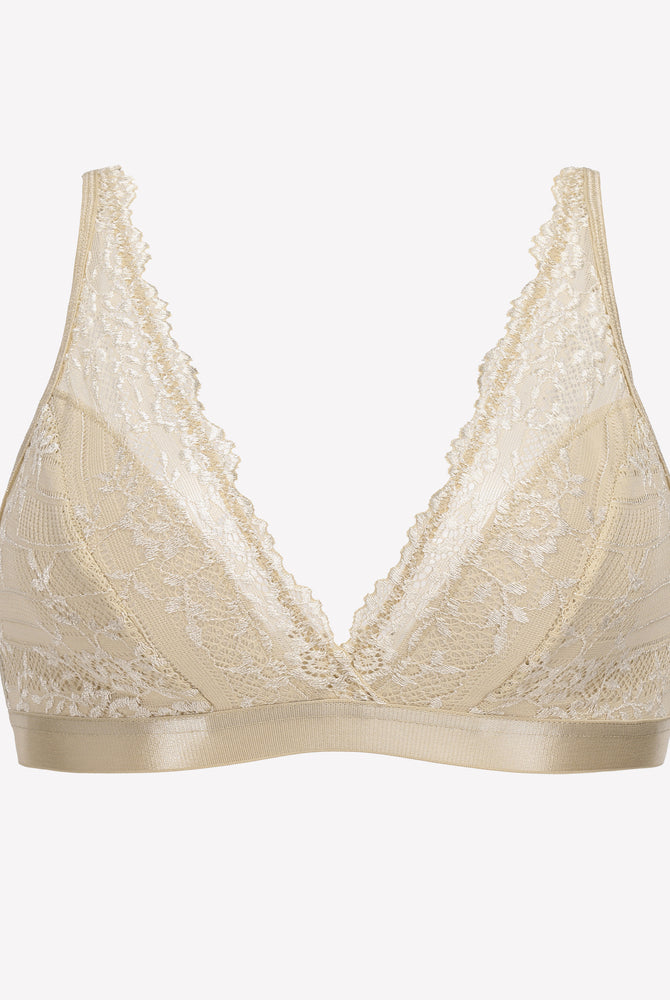 Beige lace wireless bralette with adjustable straps and floral lace design, comfortable lingerie.