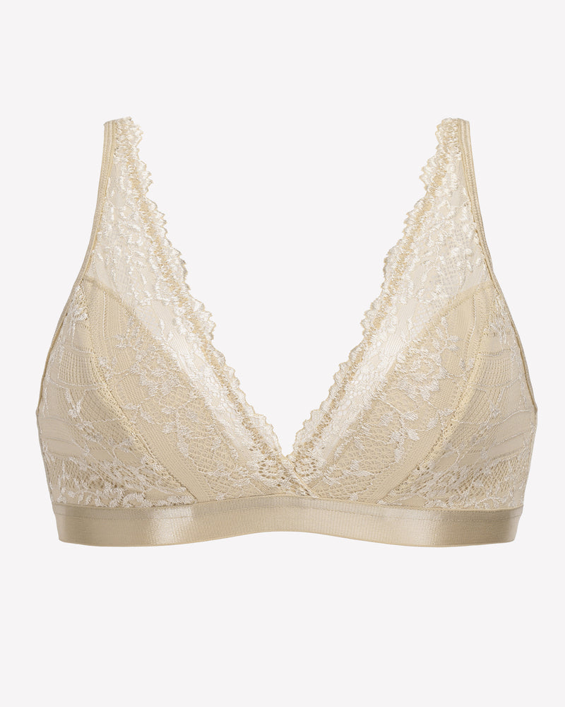 Beige lace wireless bralette with adjustable straps and floral lace design, comfortable lingerie.