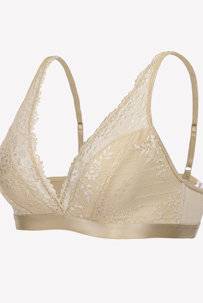 Beige lace wireless bralette with adjustable straps, offering comfort and style for women.