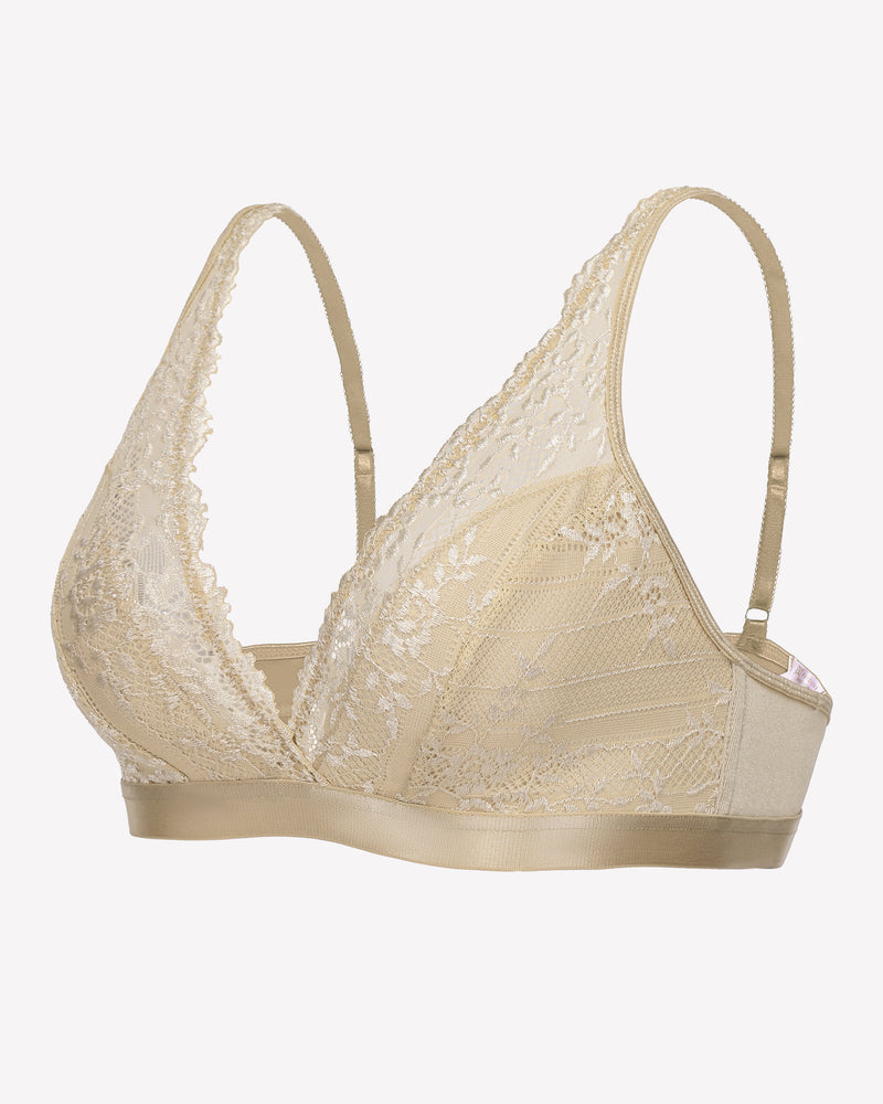 Beige lace wireless bralette with adjustable straps, offering comfort and style for women.