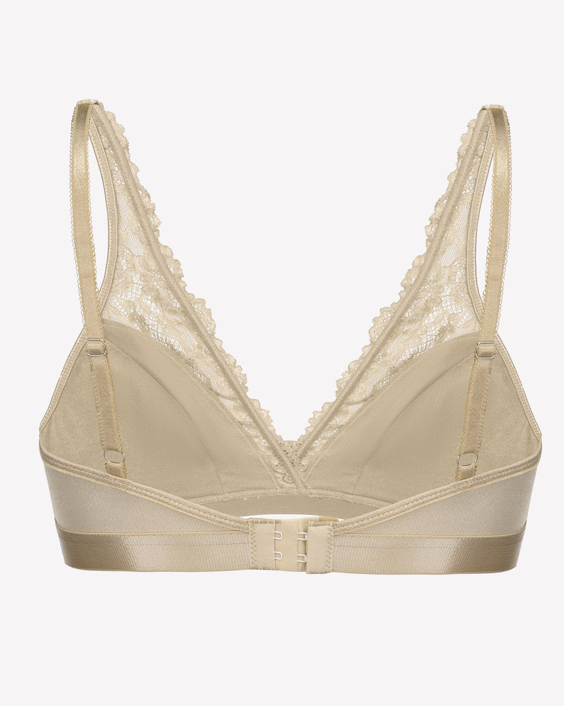 Beige lace wireless bralette with adjustable straps and floral lace, showcasing comfort and style