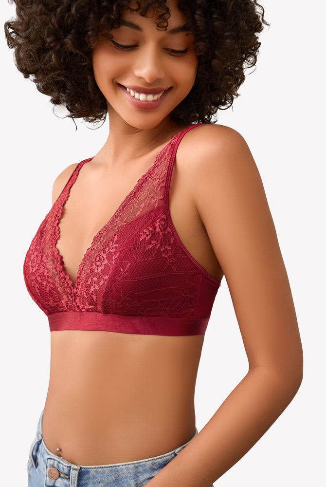 Burgundy lace wireless bralette with adjustable straps, showcasing comfort and style.