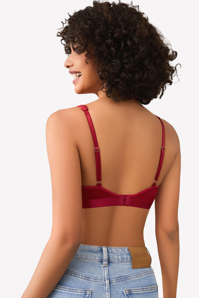 Burgundy lace bralette with adjustable straps, showcasing comfort and style.