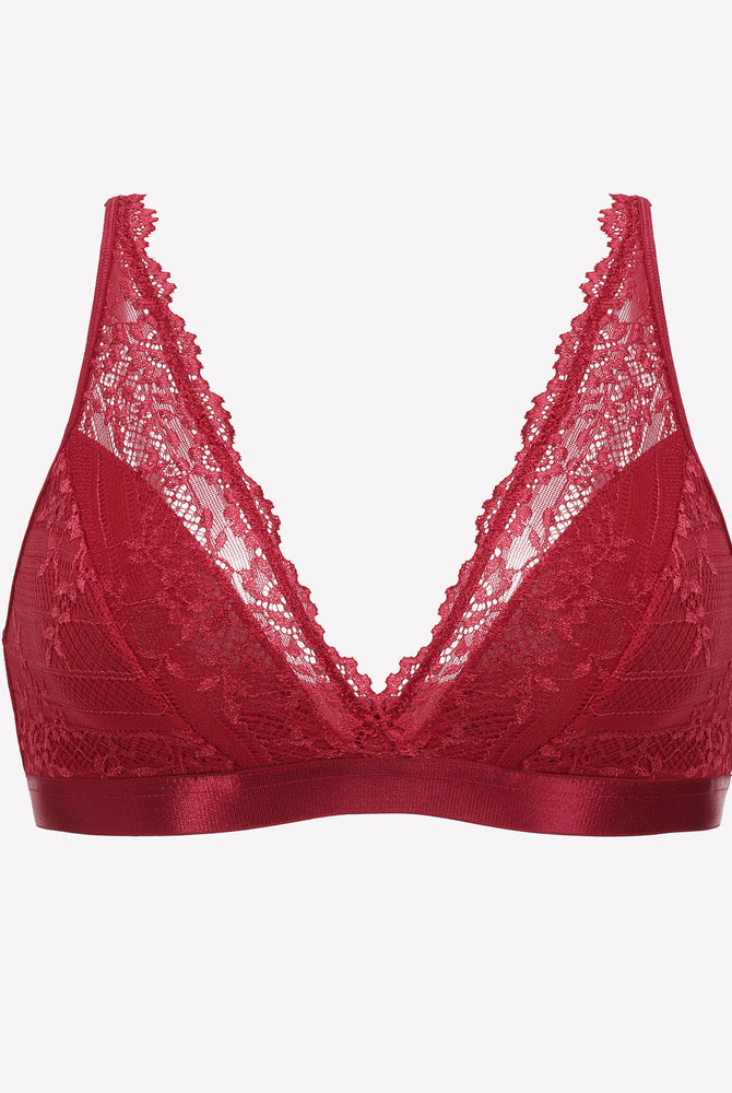 Red lace bralette with adjustable straps and satin band, designed for comfort and style.
