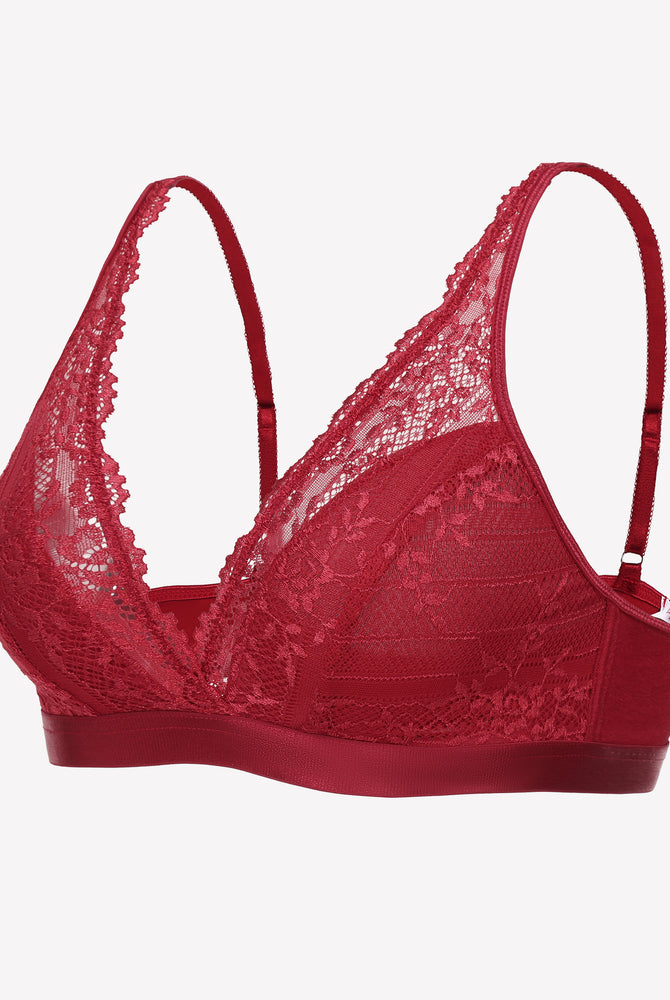 Burgundy lace wireless bralette with adjustable straps, showcasing comfort and style