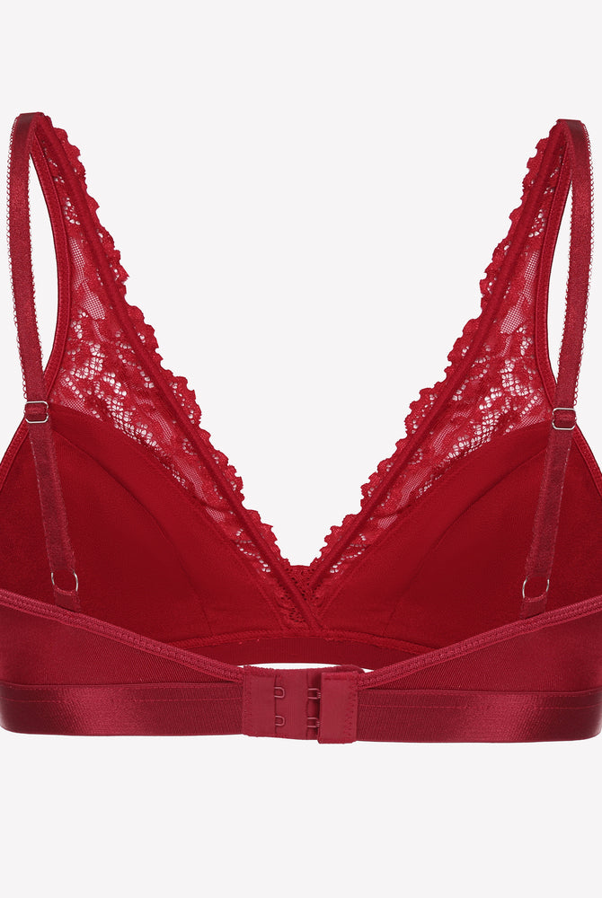 Burgundy lace wireless bralette with adjustable straps and floral lace, for comfort and style.