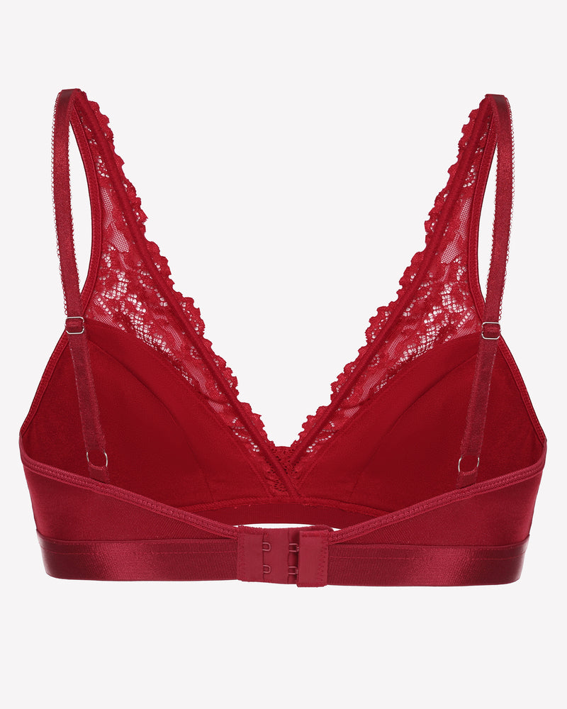 Burgundy lace wireless bralette with adjustable straps and floral lace, for comfort and style.
