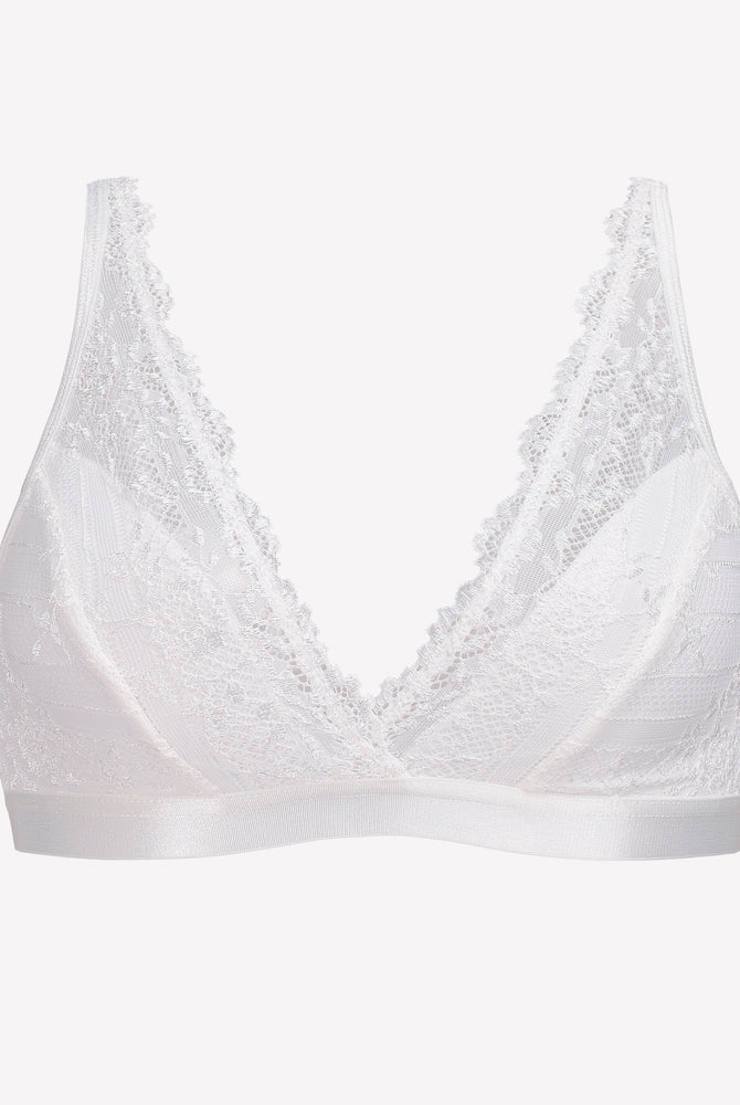 White lace wireless bralette with adjustable straps, showcasing comfort and style.