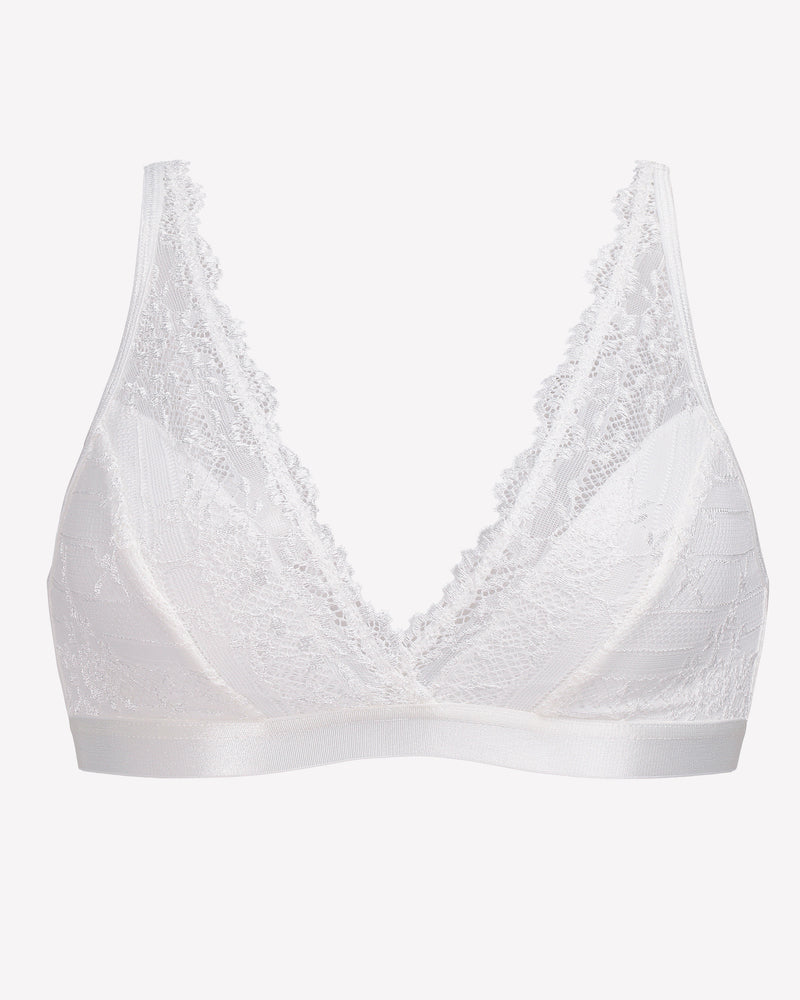 White lace wireless bralette with adjustable straps, showcasing comfort and style.