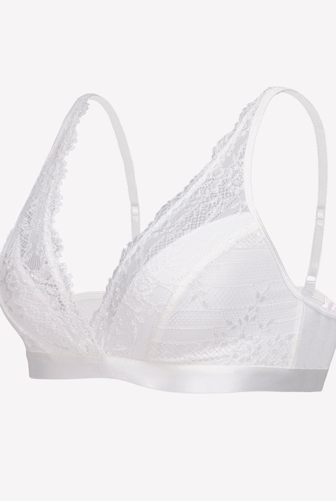 White lace wireless bralette with adjustable straps, sheer floral lace design, comfortable lingerie.