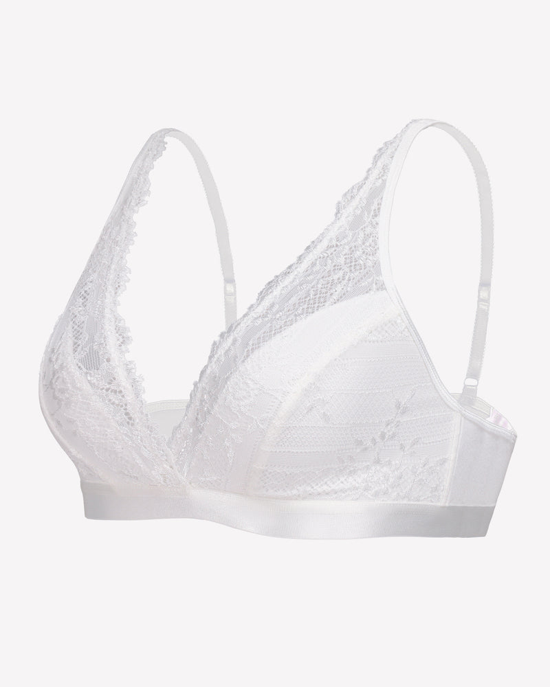 White lace wireless bralette with adjustable straps, sheer floral lace design, comfortable lingerie.