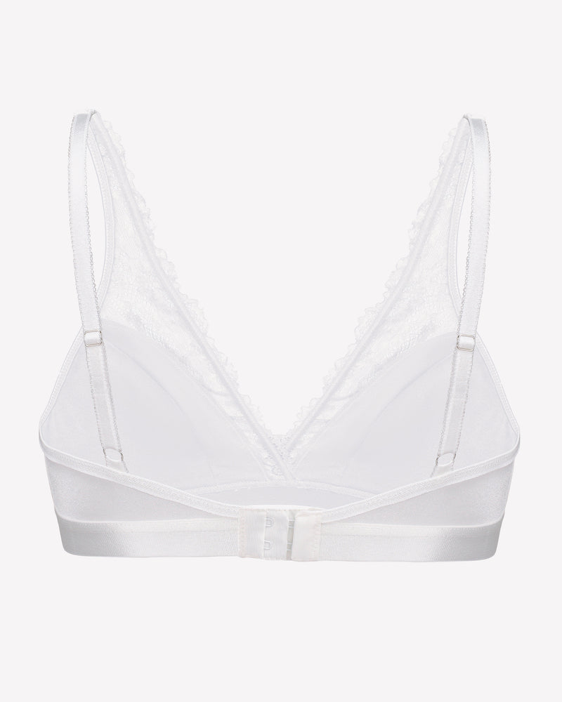 White lace wireless bralette with adjustable straps. Sheer floral lace design for comfort and style.