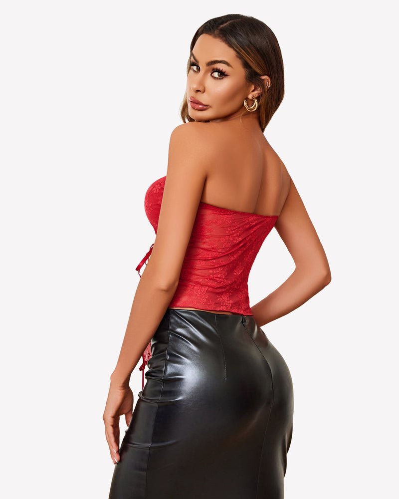 Red lace Y2k tube crop top, black leather skirt, showing shoulder curves, stylish