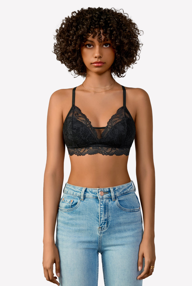 Black lace bralette with no underwire, floral lace design, offering a seamless fit.