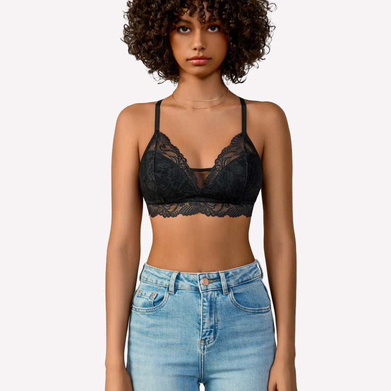 Black lace bralette with no underwire, floral lace design, offering a seamless fit.
