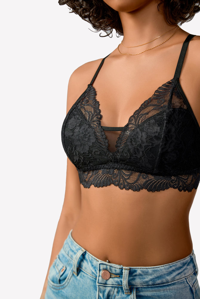 Black lace bralette with floral lace, no underwire, offering a seamless fit and barely-there feel.