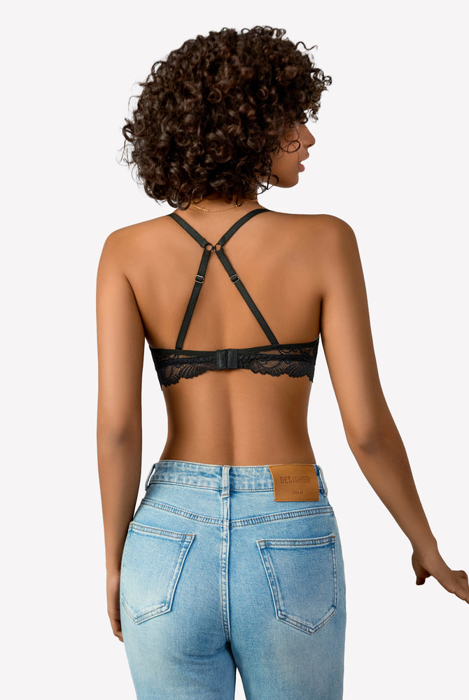 Black lace bralette with floral design, no underwire, offering a seamless fit and barely-there feel.