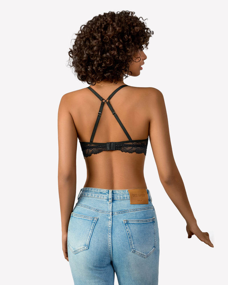 Black lace bralette with floral design, no underwire, offering a seamless fit and barely-there feel.