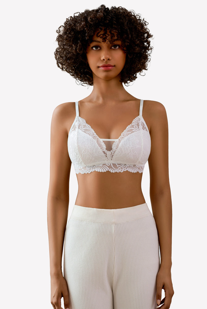 White floral lace bralette with adjustable straps and floral design, no underwire.