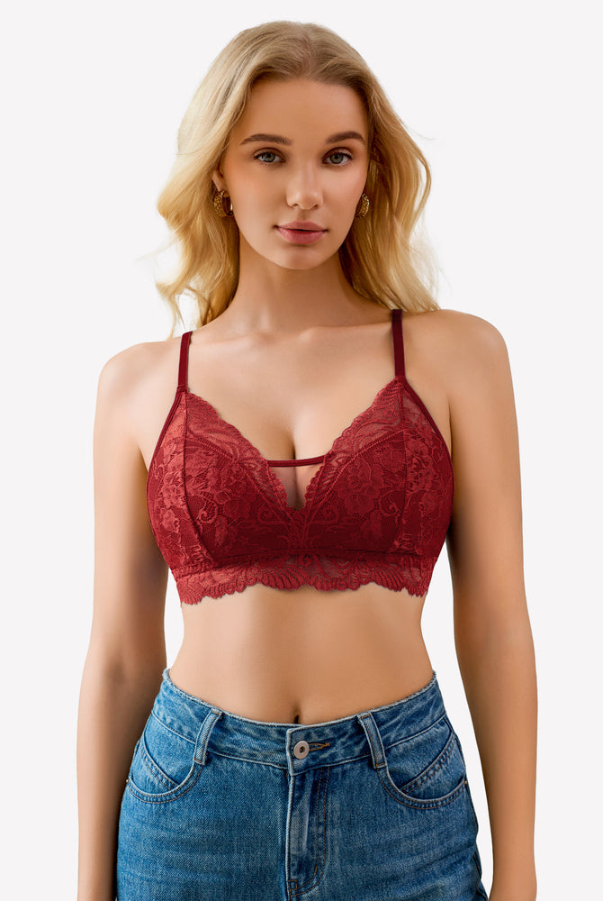 Burgundy lace bralette with floral design, no underwire, paired with blue jeans.